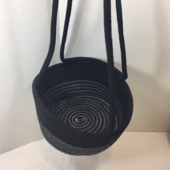 Black Woven 100% Cotton Rope Hanging Plant Veggie Fruit Basket - Picture 3 of 14